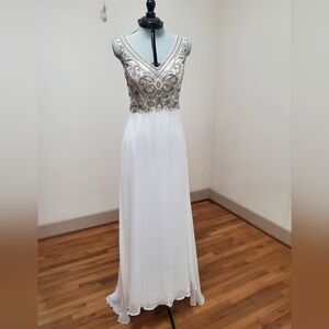 Elegant White and Silver Embellished Evening Gown